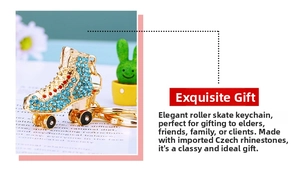Detail of ice skate keychain with blue and red crystals on golden metal base