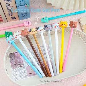 Detail of assorted cartoon pens in a tray with protective cap design for smooth writing