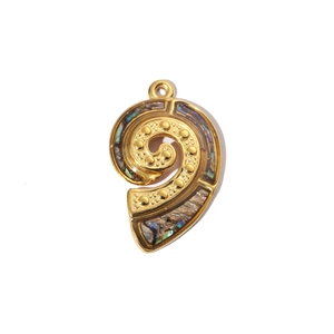 Detail of spiral titanium steel pendant with gold plating and iridescent abalone shell inlay