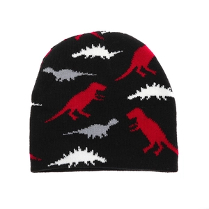 Kids black knitted beanie featuring colorful dinosaur jacquard patterns and soft fabric
