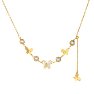 Golden stainless steel Y-necklace featuring round pearls and butterfly charms on white backdrop