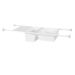 Expandable white plastic under-sink shelf with two storage baskets for kitchen and bathroom