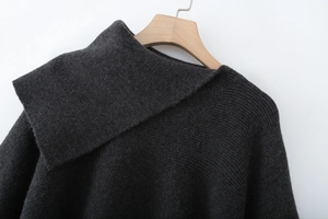 Macro detail of dark grey chunky knit shawl collar and premium weave texture