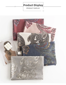 Detail of paisley pattern scarves with fringe edges in multiple vintage colors