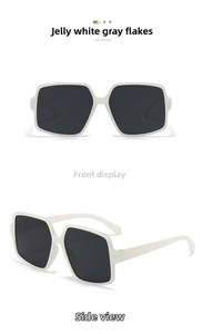 Front and side views of oversized white irregular frame sunglasses with dark grey lenses