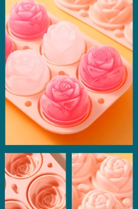 Detailed views of the 6-cavity pink silicone rose ice mold with realistic petal textures