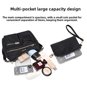 Detail of water-resistant nylon shoulder bag with multi-pockets and a small coin purse