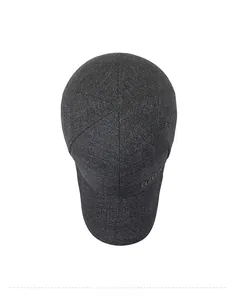 Top view of dark grey baseball cap showing six-panel stitch and fabric texture