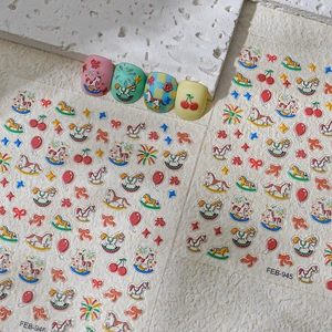 3D Relief Rocking Horse Nail Art Stickers New Year Fireworks Cherry Bow DIY Manicure Decals For Women Nail Decoration