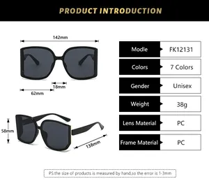 Especificaciones detalladas de tamaño para gafas de sol de gran tamaño y modelo FK12131