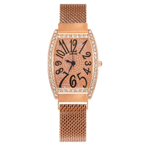 Women Quartz Watch Rhinestone Tonneau Case Alloy Metal Mesh Strap Magnetic Buckle Fashion Elegant Sparkling Wristwatch