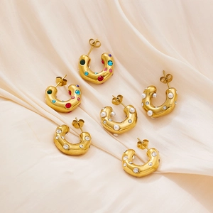 Chunky C-Shaped Hoop Earrings Gold Plated Stainless Steel Rhinestone Zircon Artificial Pearl Retro Style For Women