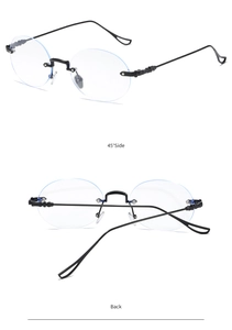 Detail view showing 45-degree side and back of rimless Y2K blue light blocking glasses