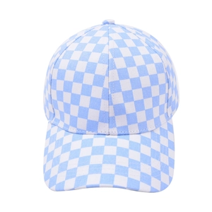 Classic light blue and white checkered baseball cap with a curved brim on a white background