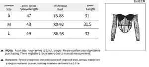 Size chart detail for lace off-shoulder corset top with sleeve and bust measurements