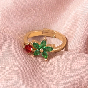 Flower Green Marquise Red Cubic Zirconia Gold Plated Copper Finger Ring Adjustable Open Band For Women