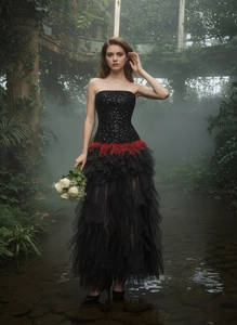 Detail of black sequined corset dress with red feather waist and layered tulle skirt