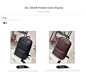 Detailed comparison of black and brown PU leather backpacks with front zipper pockets