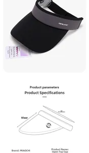 Detail view of two-tone sun visor with size specifications and UV protection data