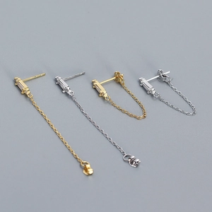 Detailed view of S925 silver fringe chain earrings in gold and silver with zircon
