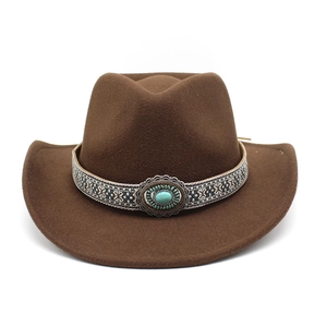 Brown Western cowboy felt hat with turquoise stone and ethnic embroidery on white background