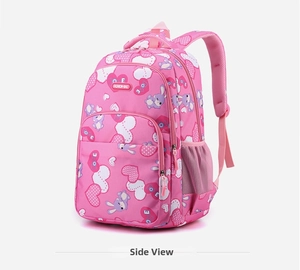 Pink school backpack for girls with cute rabbit patterns and side mesh water bottle pocket