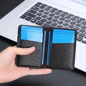 Men's minimalist black lychee texture leather wallet with multiple blue card slots
