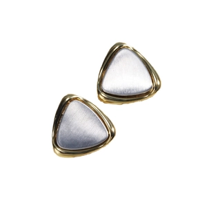 Minimalist triangle stud earrings with gold edges and brushed silver metallic texture