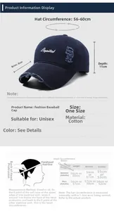 Size chart showing baseball cap dimensions with 56-60cm circumference and cotton material