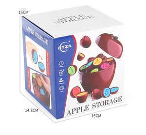 Detailed packaging dimensions for the Apple shape sorting toy box showing 16x15cm size