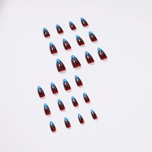 Blue and red gradient almond press-on nails with abstract flame pattern on white background