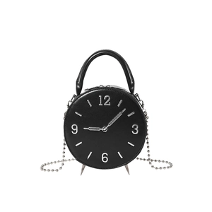 Unique 2024 trendy clock-shaped handbag in black PU leather with silver chain strap