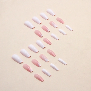 Pink and white gradient ballet fake nails with glitter and geometric line designs