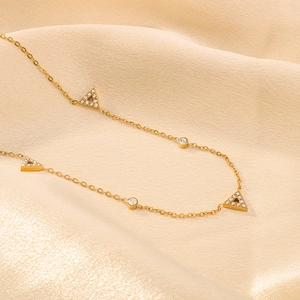 Minimalist gold stainless steel necklace with geometric triangle and crystal pendants