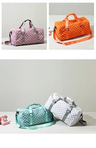 Detailed grid view showing pink, orange, green and grey plaid large capacity travel bags