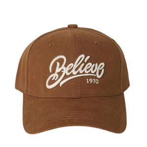 Brown baseball cap with Believe 1970 embroidery on premium cotton twill fabric