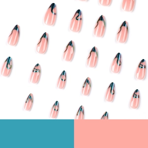 24 pezzi di unghie finte stiletto rosa nudo con motivi a onde verde camaleonte lucido