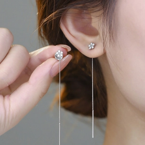 Elegant silver flower tassel drop earrings with shimmering crystals for women