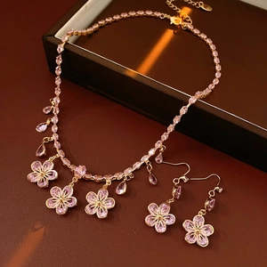 Exquisite pink zircon flower jewelry set with drop pendant necklace and earrings