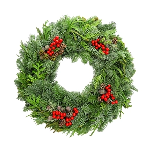 Christmas wreath wall sticker featuring green pine needles, red berries and brown cones