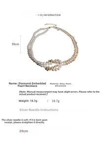 Detail showing 39cm rhinestone pearl patchwork necklace with alloy chain and dimensions