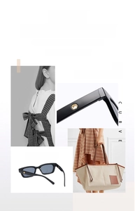 Detail of black rectangular sunglasses with metal circle accents and minimalist frame
