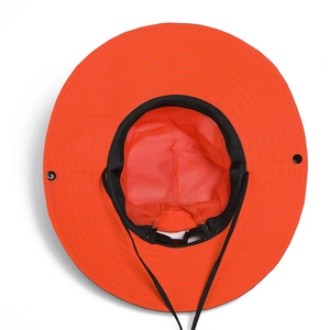 Orange quick-dry sun hat for outdoor hiking featuring mesh lining and chin strap