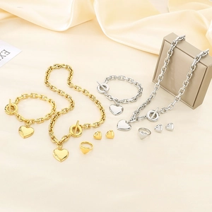 Heart Pendant Chunky Link Chain Necklace Bracelet Earrings Ring Stainless Steel Toggle Clasp Punk Hip Hop For Women
