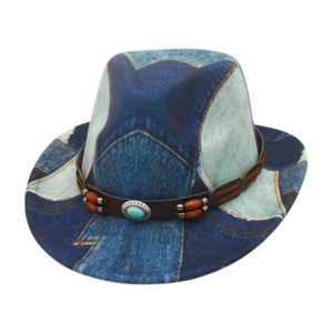 Kids Fedora Hat Patchwork Denim Western Cowboy Retro Bohemian Jazz Cap With Faux Leather Belt Wood Beads And Turquoise