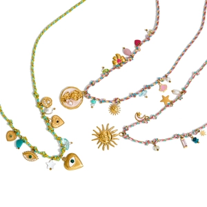 18K gold plated stainless steel necklaces with pearls and colorful charms on white background