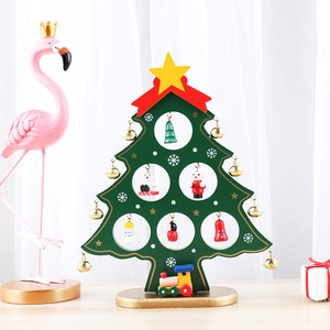 Miniature wooden Christmas tree desktop decoration with green paint and hanging ornaments