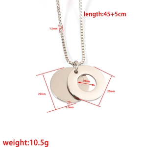 Men's stainless steel box chain with round disk and hollow ring pendant on white background