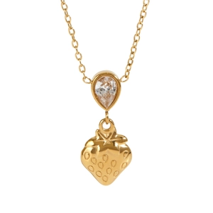 Gold strawberry pendant necklace with sparkling drop zircon stones on white background