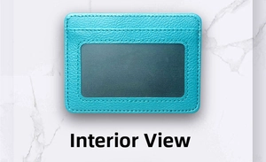 Detailed interior view of lime green lychee grain leather card holder with clear ID window